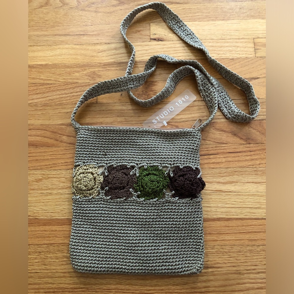 Crochet Crossbody Bag in Taupe with Floral Accents